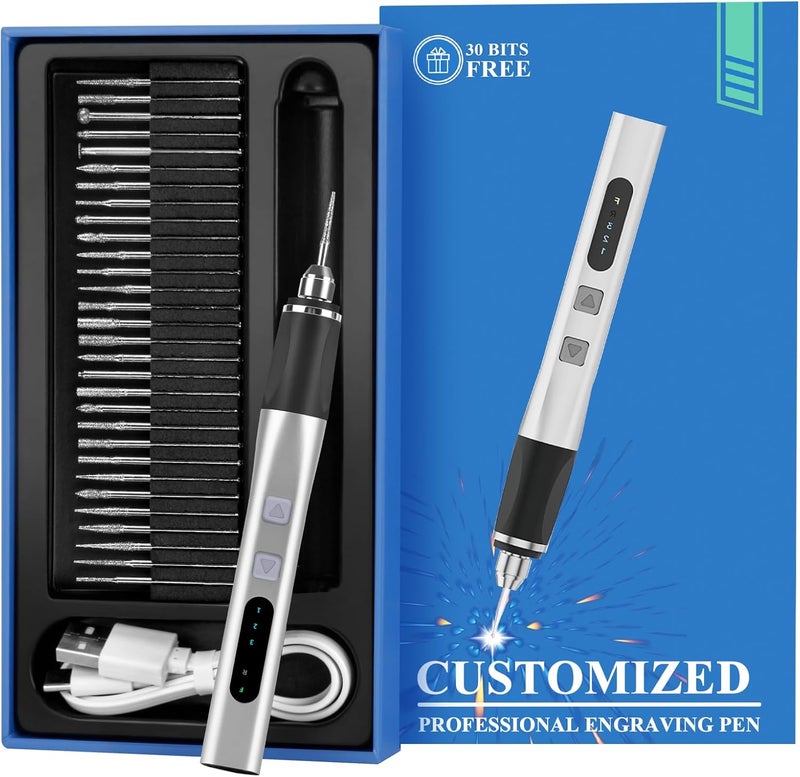 Kaibced Engraving Pen, Ultimate Cordless Engraving Pen for Artists & DIYers - Engrave 60+ Surfaces - Beginner Friendly- 30 Bits & Mastery Guide (Silver) - Image 2